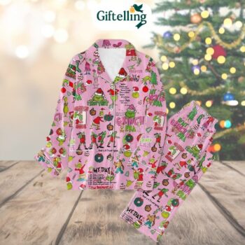 A pink grinch pajamas design with perfectly petty energy