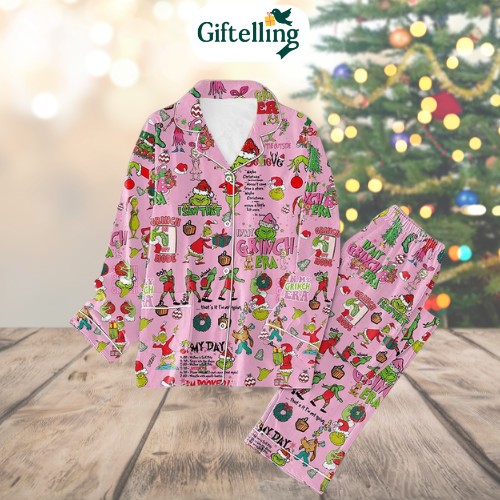 A pink grinch pajamas design with perfectly petty energy