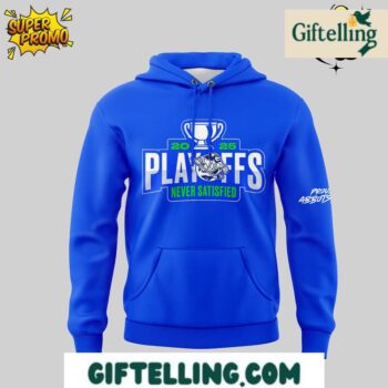 Fuel your playoff passion with the Abbotsford Canucks Playoffs "NEVER SATISFIED" blue hoodie that embodies the relentless spirit of championship pursuit
