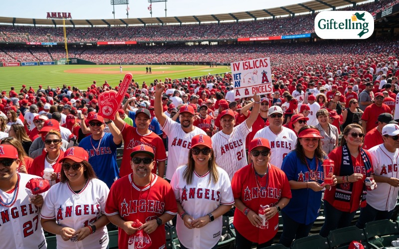   Angels fans at stadium wearing various jersey styles with red accessories and team merchandise