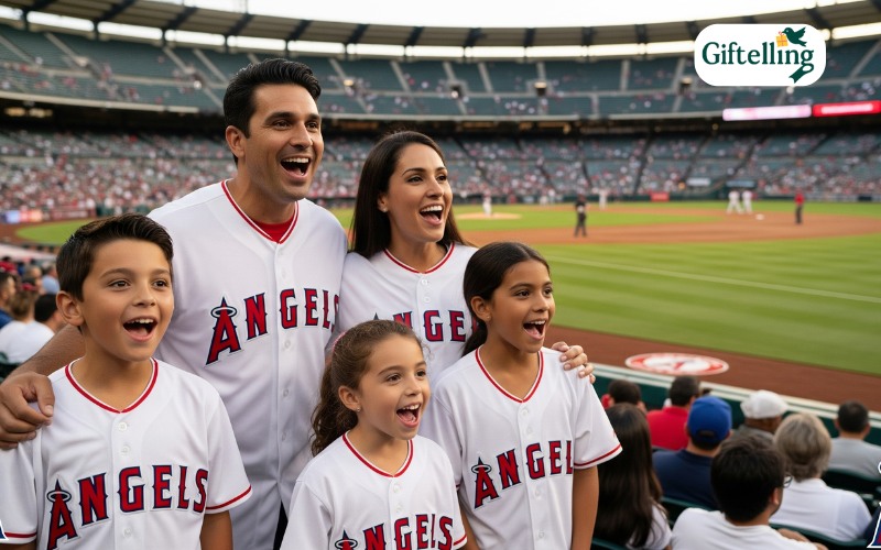  Family wearing matching Angels jerseys at baseball game with children and parents cheering together