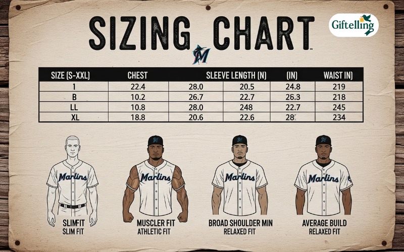 Marlins baseball jersey sizing chart showing measurements and fit examples for different body types