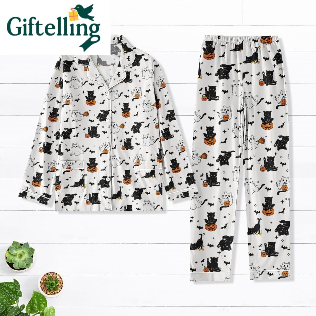 Black Cat Halloween Pajamas Set Cute Ghost Pajamas Cozy Fall Outfit