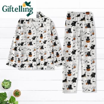Black Cat Halloween Pajamas Set Cute Ghost Pajamas Cozy Fall Outfit
