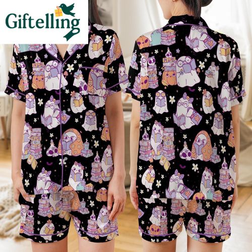 Ghost Pajama Set Halloween Sleepwear Book Lovers Spooky Satin