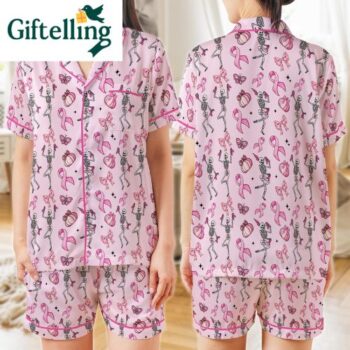Breast Cancer Awareness Halloween Pajamas Pink Ribbon Skeleton Sleepwear Set