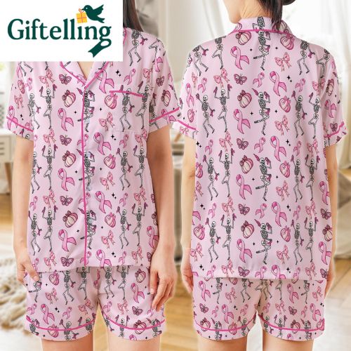 Breast Cancer Awareness Halloween Pajamas Pink Ribbon Skeleton Sleepwear Set