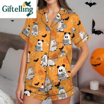 The charming design showcases Mickey Mouse in adorable ghost form, surrounded by festive pumpkins, autumn leaves