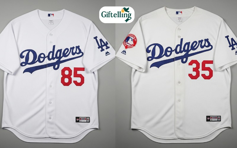 Side-by-side comparison of authentic versus replica Dodgers jerseys showing quality differences