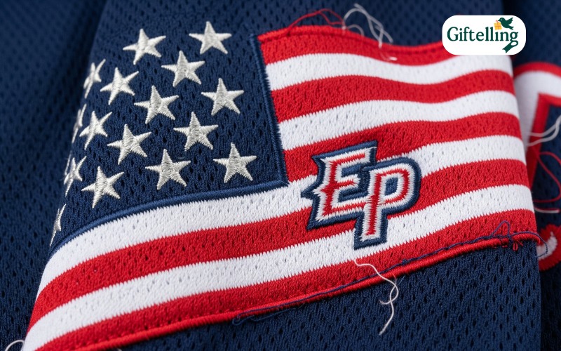 Close-up detail of stars and stripes embroidered design elements on El Paso Chihuahuas 2025 patriotic baseball jersey