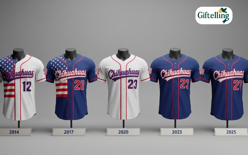 Historical comparison showing evolution of El Paso Chihuahuas patriotic uniforms from 2014 to 2025 Stars Stripes design