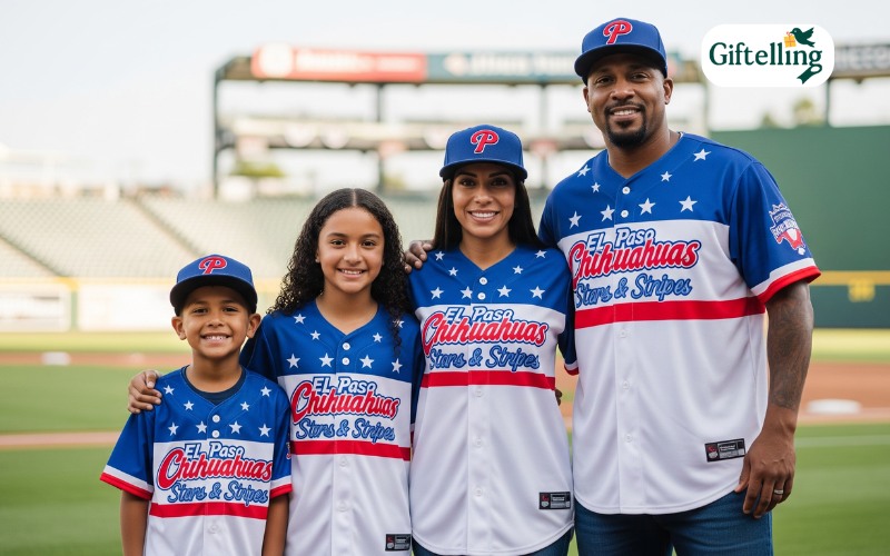 Family wearing matching El Paso Chihuahuas Stars Stripes jerseys in various sizes showing youth to adult fit options