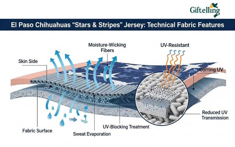 Technical diagram showing moisture-wicking and UV-resistant fabric features of El Paso Chihuahuas Stars Stripes jersey