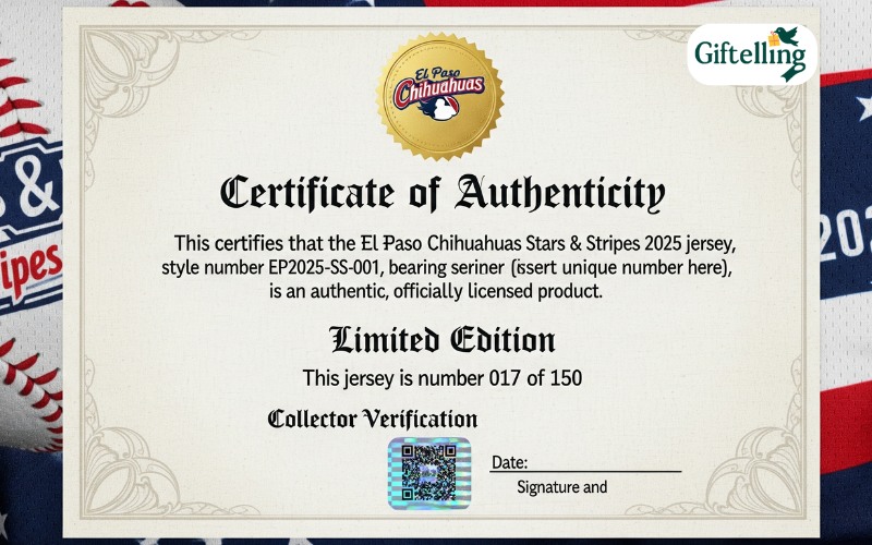 Certificate of authenticity and limited edition numbering for El Paso Chihuahuas Stars Stripes 2025 jersey showing collector verification