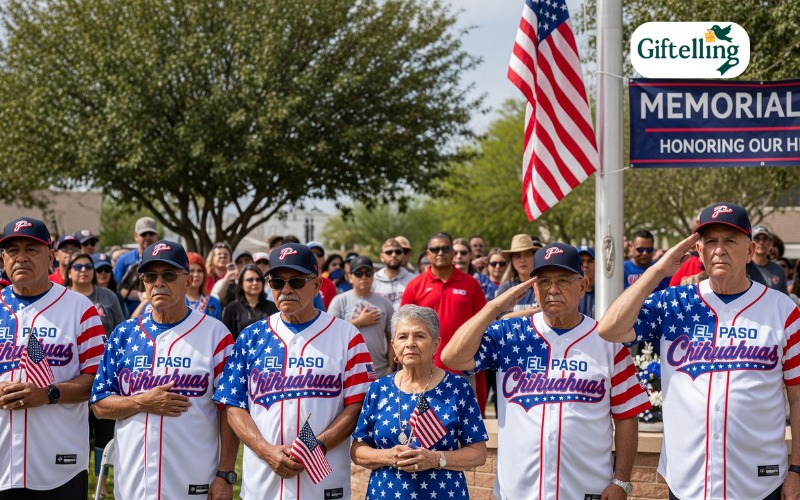 Military veterans wearing El Paso Chihuahuas Stars Stripes jerseys at Memorial Day ceremony showing community patriotic spirit