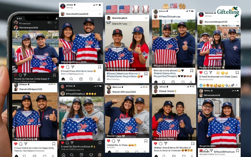 Social media posts showing El Paso Chihuahuas fans excited about Stars Stripes 2025 jersey with patriotic hashtags and community engagement