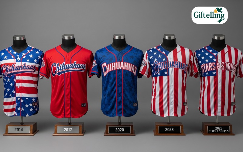 Side-by-side comparison of El Paso Chihuahuas patriotic jerseys from different years showing design evolution to 2025 Stars Stripes