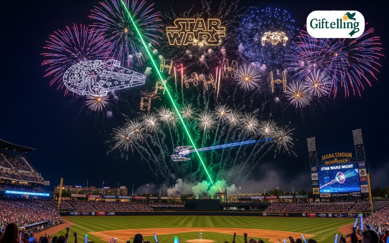 Star Wars Night fireworks extravaganza display at Segra Stadium with galactic themed pyrotechnics lighting up the night sky