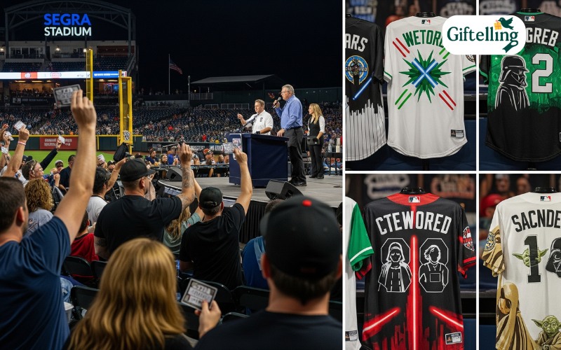 Fayetteville Woodpeckers jersey auction in progress at Segra Stadium with fans bidding on game-worn Star Wars themed uniforms