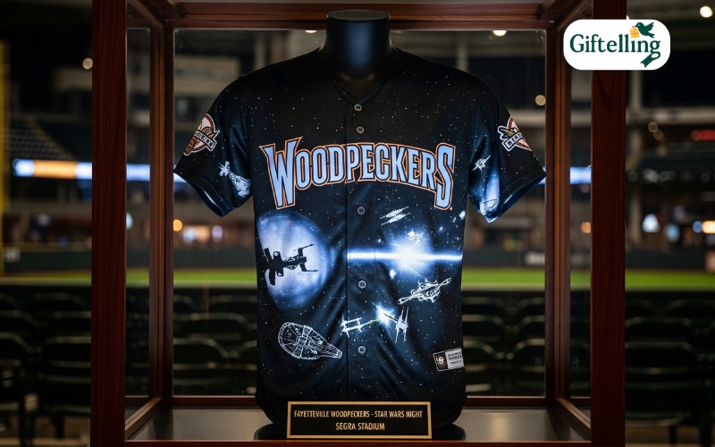 Fayetteville Woodpeckers Star Wars themed baseball jersey display at Segra Stadium with team logo and galactic design elements