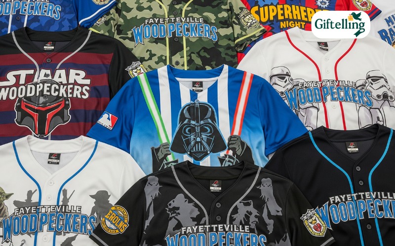 Collection of Fayetteville Woodpeckers specialty jerseys including previous Star Wars designs and themed promotional uniforms
