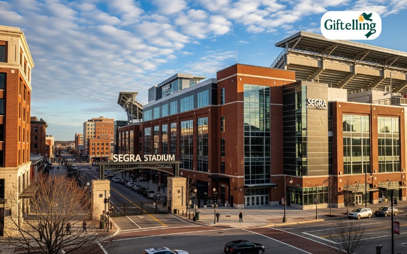 Segra Stadium exterior view in downtown Fayetteville North Carolina showing modern ballpark design and surrounding urban development