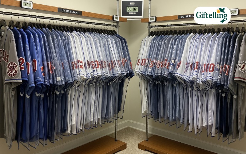 Professional jersey storage and display setup showing proper archival methods for preserving collectible baseball jerseys