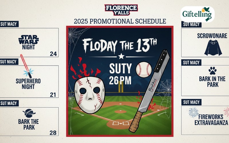 Florence Yalls 2025 promotional schedule poster showing FloDay 13th and other themed nights throughout the season