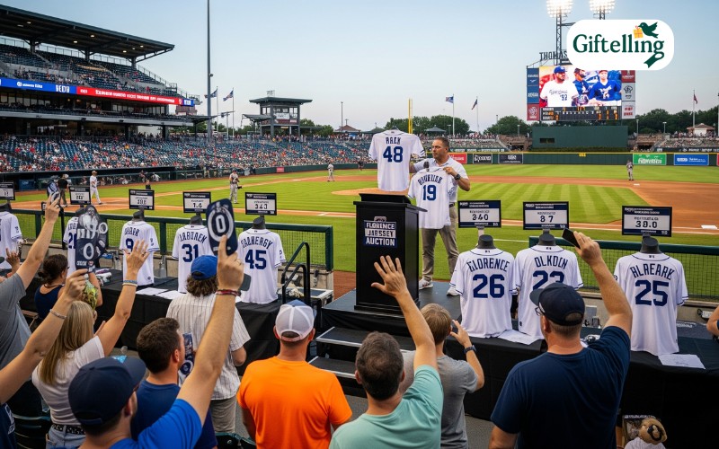 Florence Yalls promotional jersey auction taking place at Thomas More Stadium with fans bidding on game-worn jerseys