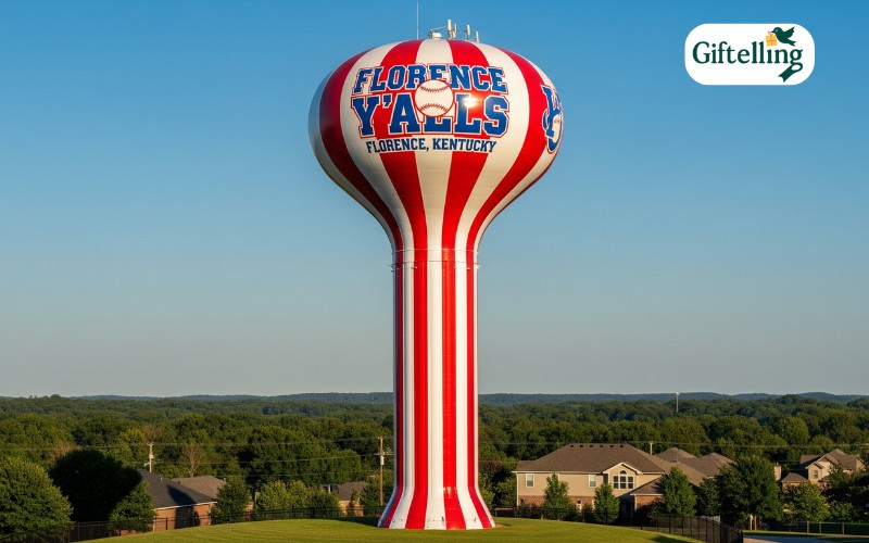 Famous Florence Yall water tower with red and white candy stripes showing the origin of team name in Florence Kentucky