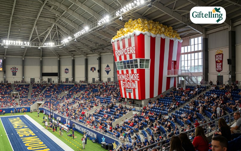 Thomas More Stadium interior showing unique colorful design elements and press box shaped like popcorn bucket