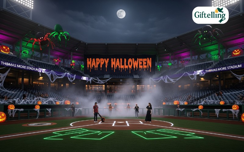 Thomas More Stadium decorated for Halloween promotional night with spooky lighting and themed decorations