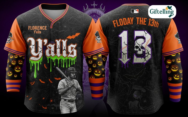 Florence Yalls FloDay the 13th Halloween-themed baseball jersey with spooky design elements and team branding