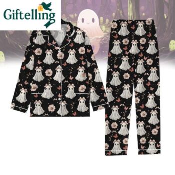 Ghost Pajamas Set for Women Halloween Floral Sleepwear Spooky Fall PJs Gift