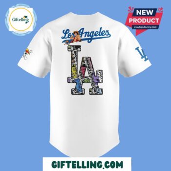 Los Angeles Dodgers x One Piece Jersey has size range XS-5XL with Straw Hat crew tailoring for pirate ship mobility