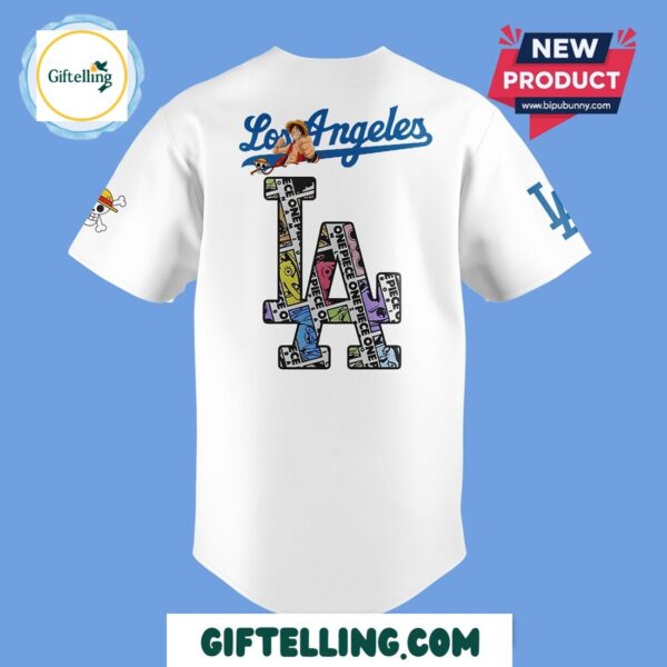 Los Angeles Dodgers x One Piece Jersey has size range XS-5XL with Straw Hat crew tailoring for pirate ship mobility