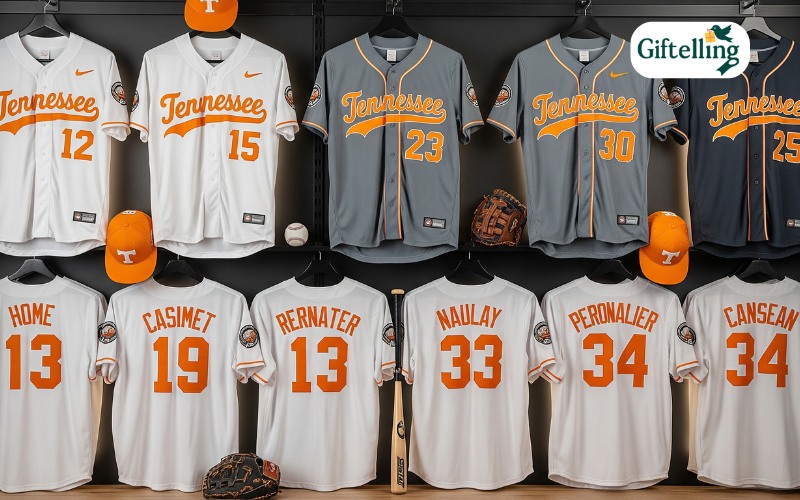 Display of various Tennessee baseball jersey options including home, away, and custom personalized designs