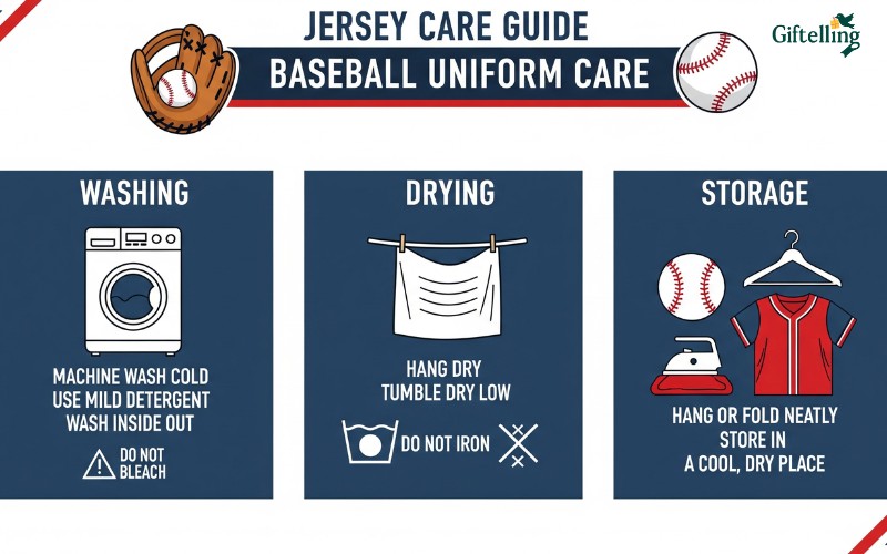 Jersey care instruction infographic showing proper washing, drying, and storage methods for baseball uniforms