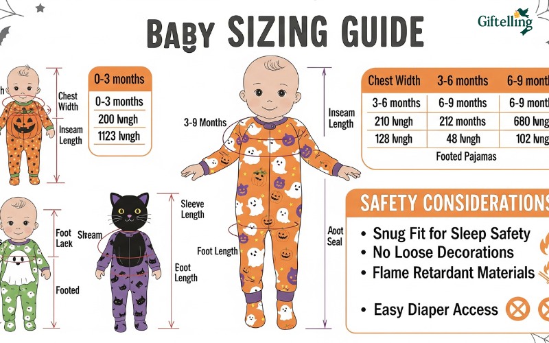 Baby Halloween pajamas sizing guide showing proper fit measurements and safety considerations for infants