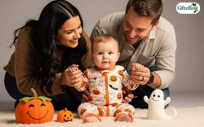 Family creating Halloween memories with baby in adorable Halloween pajamas during photo session