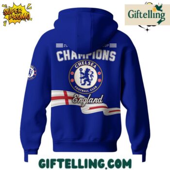 The FIFA Club World Cup Champions design of this Chelsea FC 2025 Hoodie showcases world championship imagery alongside Chelsea team identity