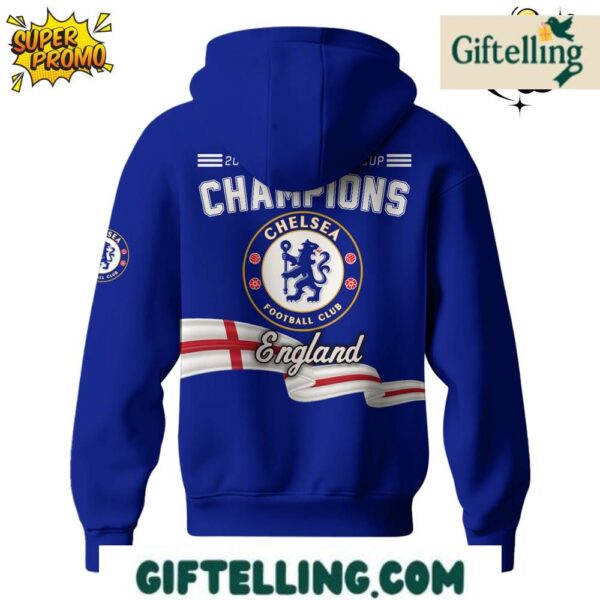 The FIFA Club World Cup Champions design of this Chelsea FC 2025 Hoodie showcases world championship imagery alongside Chelsea team identity
