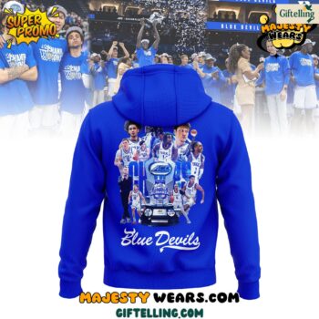 The ACC Tournament Champions design of this Duke Blue Devils 2025 ACC Men's Basketball Conference Hoodie showcases tournament trophy imagery alongside Blue Devils team identity
