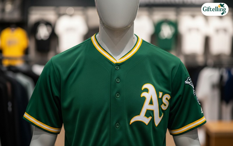 Oakland Athletics green and gold baseball jersey displayed on mannequin with team logo prominently featured