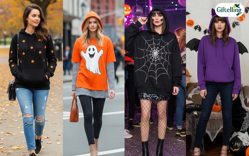 Womens Halloween hoodies styled for different occasions showing casual everyday and party outfit combinations